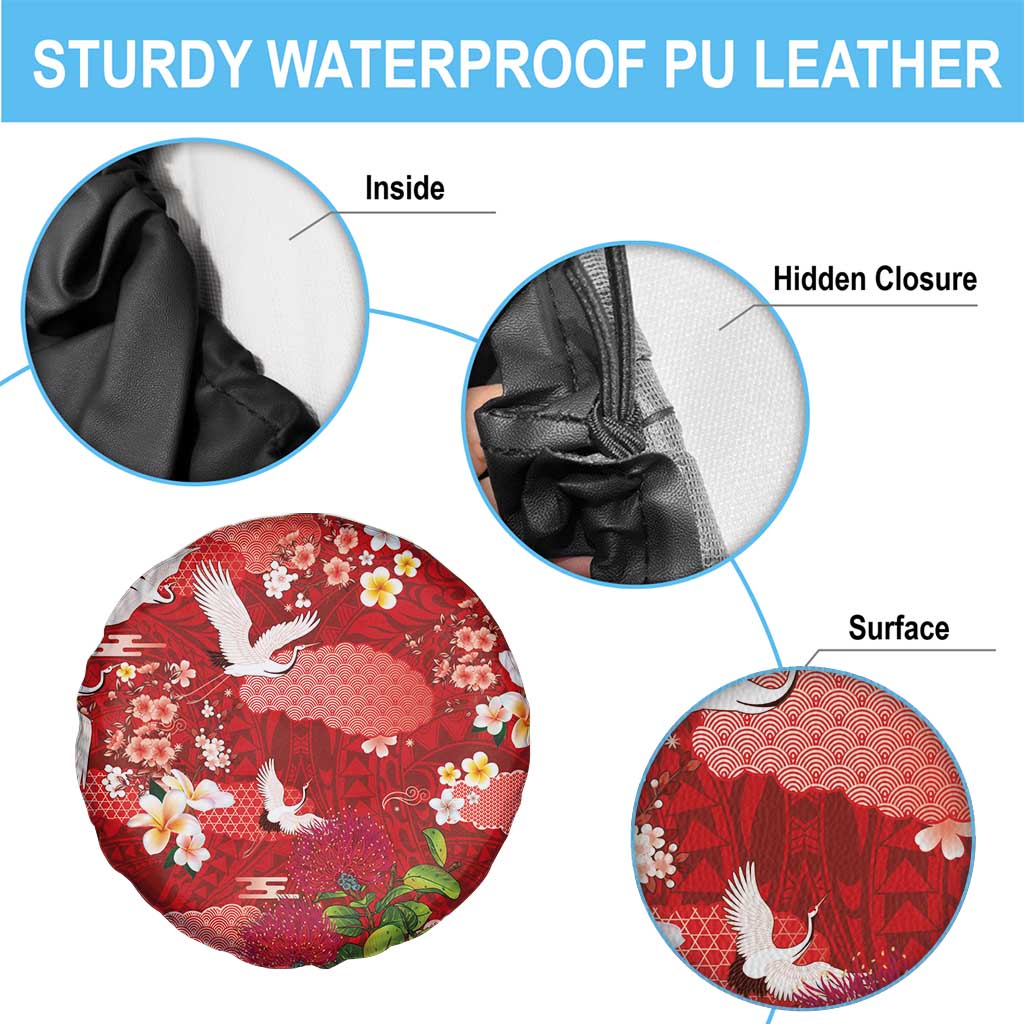 Hawaiian and Japanese Culture Together Spare Tire Cover Red Ohia Lehua Plumeria and Sakura Blooming - Polynesian Pride