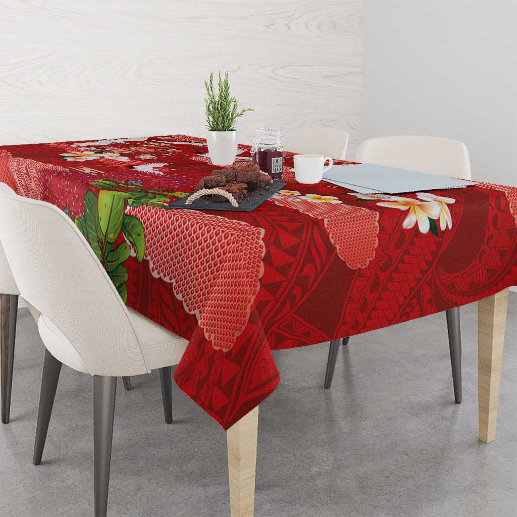 Hawaiian and Japanese Culture Together Tablecloth Red Ohia Lehua Plumeria and Sakura Blooming - Polynesian Pride