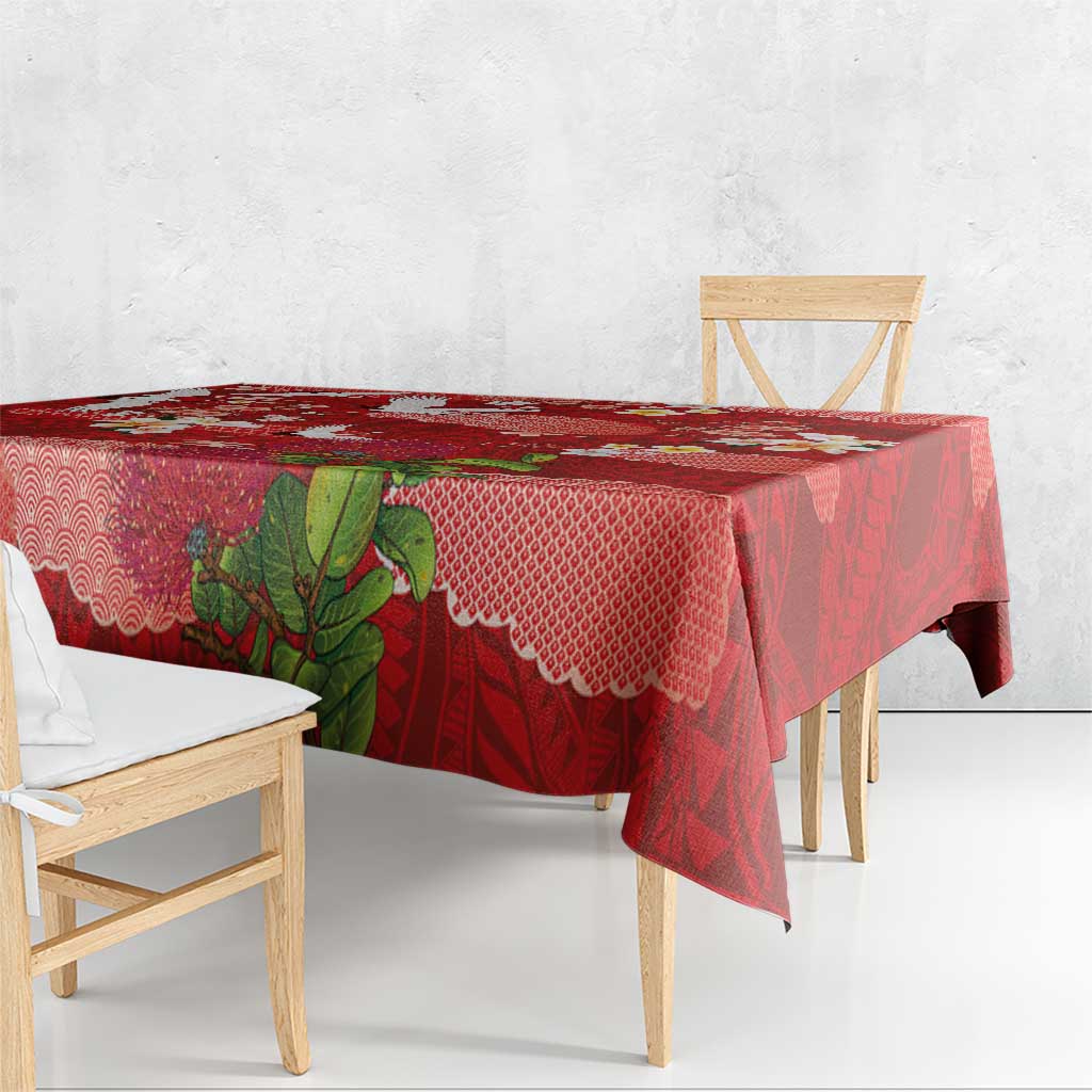Hawaiian and Japanese Culture Together Tablecloth Red Ohia Lehua Plumeria and Sakura Blooming - Polynesian Pride