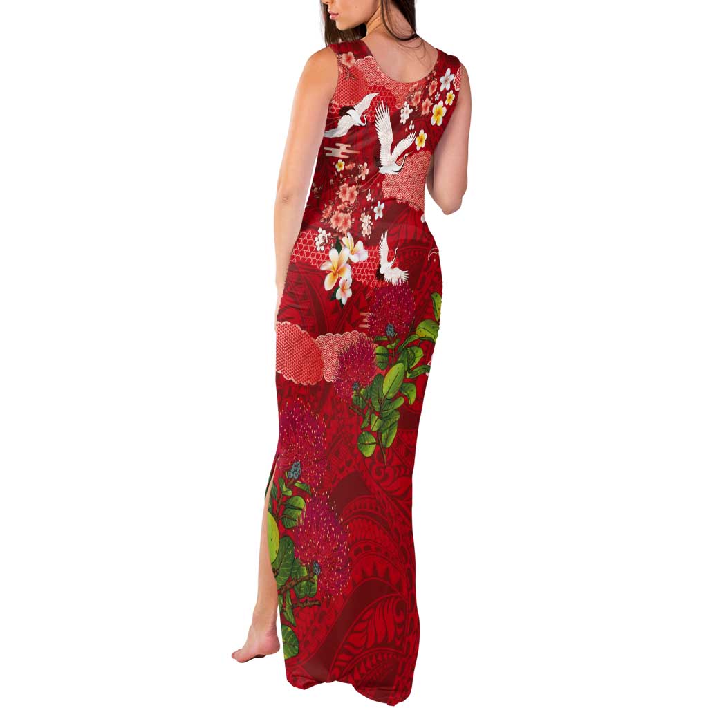Hawaiian and Japanese Culture Together Tank Maxi Dress Red Ohia Lehua Plumeria and Sakura Blooming - Polynesian Pride