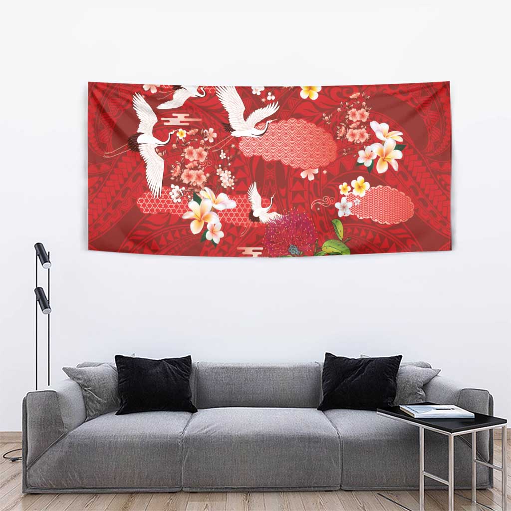 Hawaiian and Japanese Culture Together Tapestry Red Ohia Lehua Plumeria and Sakura Blooming - Polynesian Pride