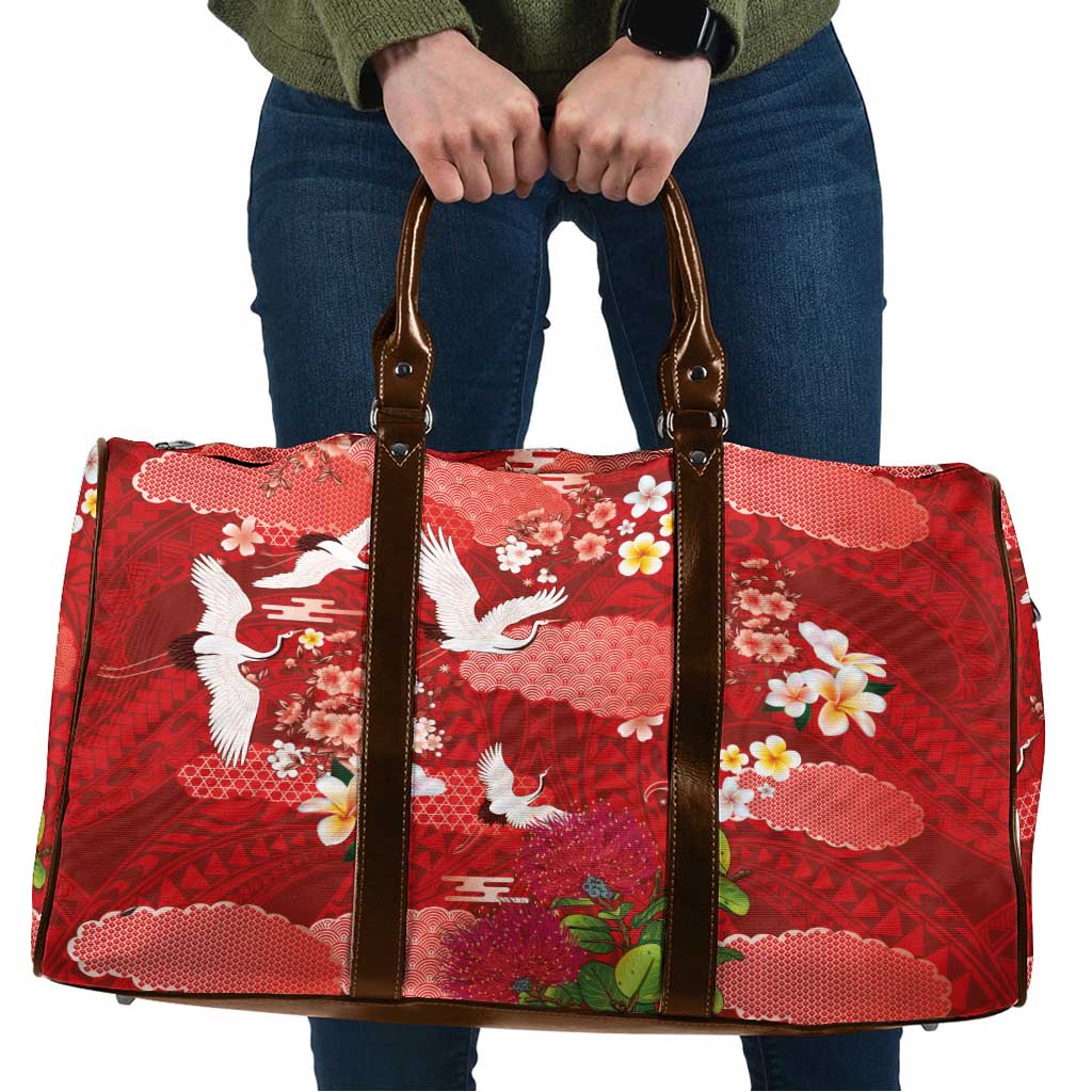 Hawaiian and Japanese Culture Together Travel Bag Red Ohia Lehua Plumeria and Sakura Blooming - Polynesian Pride