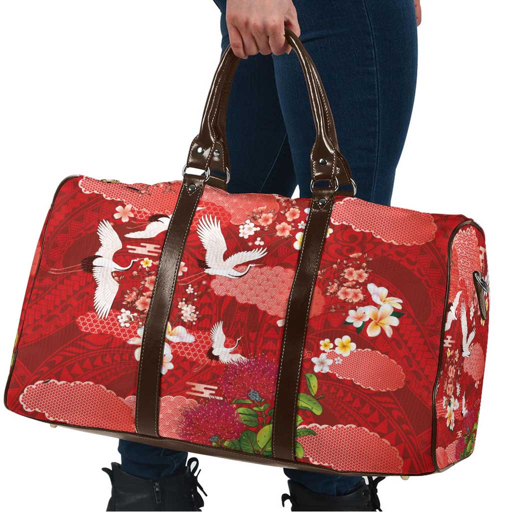 Hawaiian and Japanese Culture Together Travel Bag Red Ohia Lehua Plumeria and Sakura Blooming - Polynesian Pride