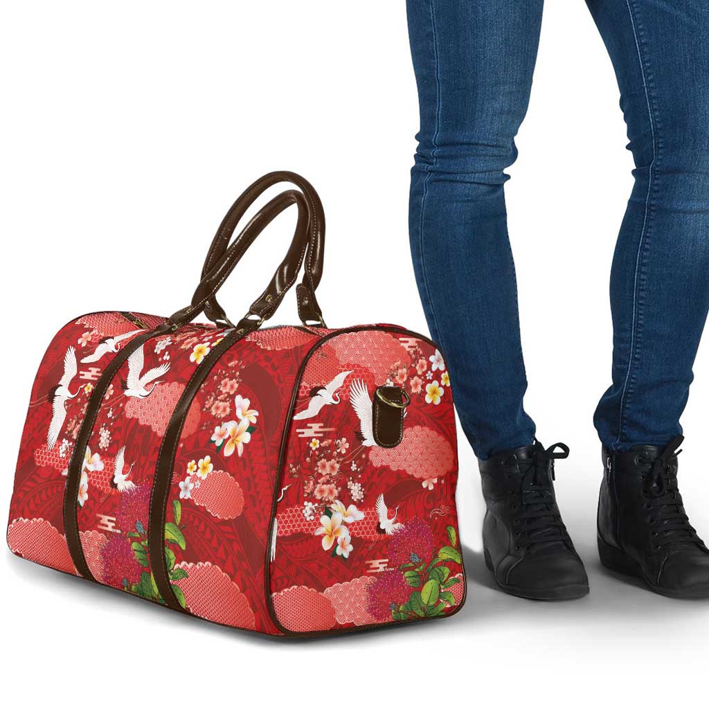Hawaiian and Japanese Culture Together Travel Bag Red Ohia Lehua Plumeria and Sakura Blooming - Polynesian Pride