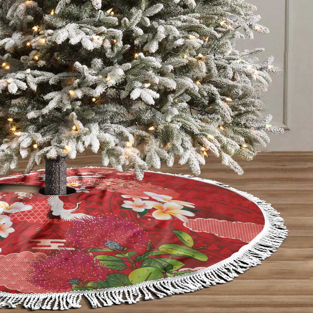 Hawaiian and Japanese Culture Together Tree Skirt Red Ohia Lehua Plumeria and Sakura Blooming - Polynesian Pride