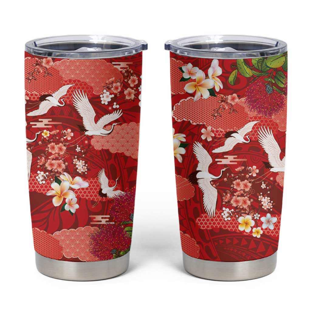Hawaiian and Japanese Culture Together Tumbler Cup Red Ohia Lehua Plumeria and Sakura Blooming - Polynesian Pride