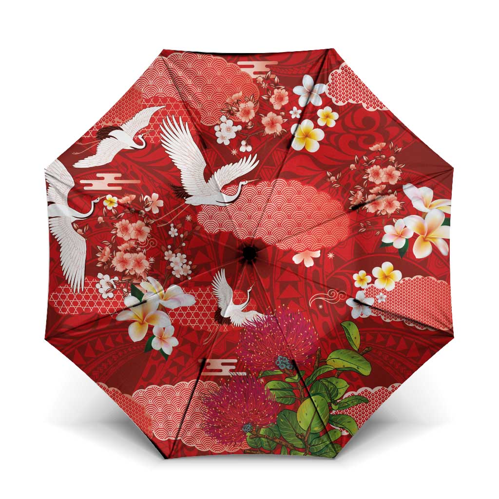 Hawaiian and Japanese Culture Together Umbrella Red Ohia Lehua Plumeria and Sakura Blooming - Polynesian Pride