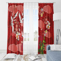 Hawaiian and Japanese Culture Together Window Curtain Red Ohia Lehua Plumeria and Sakura Blooming - Polynesian Pride
