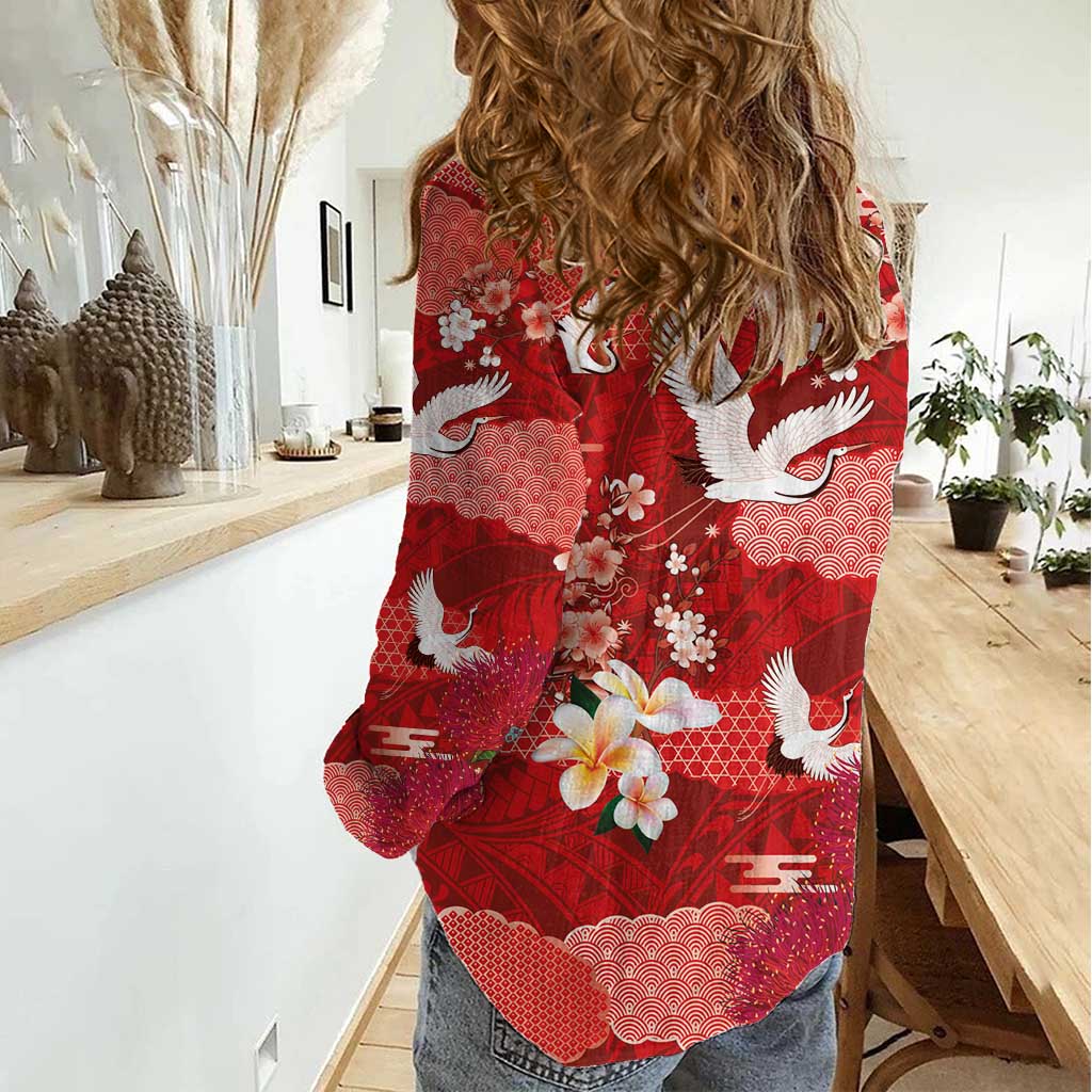 Hawaiian and Japanese Culture Together Women Casual Shirt Red Ohia Lehua Plumeria and Sakura Blooming - Polynesian Pride