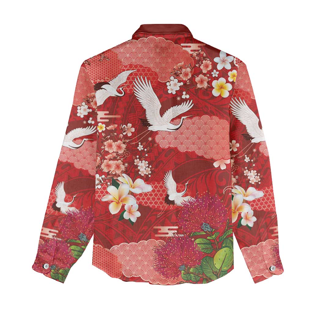 Hawaiian and Japanese Culture Together Women Casual Shirt Red Ohia Lehua Plumeria and Sakura Blooming - Polynesian Pride