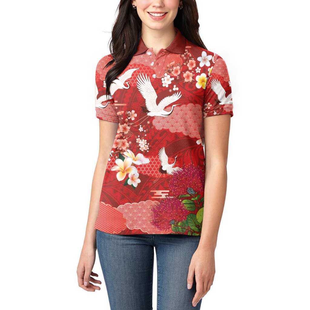 Hawaiian and Japanese Culture Together Women Polo Shirt Red Ohia Lehua Plumeria and Sakura Blooming - Polynesian Pride