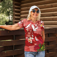 Hawaiian and Japanese Culture Together Women Polo Shirt Red Ohia Lehua Plumeria and Sakura Blooming - Polynesian Pride