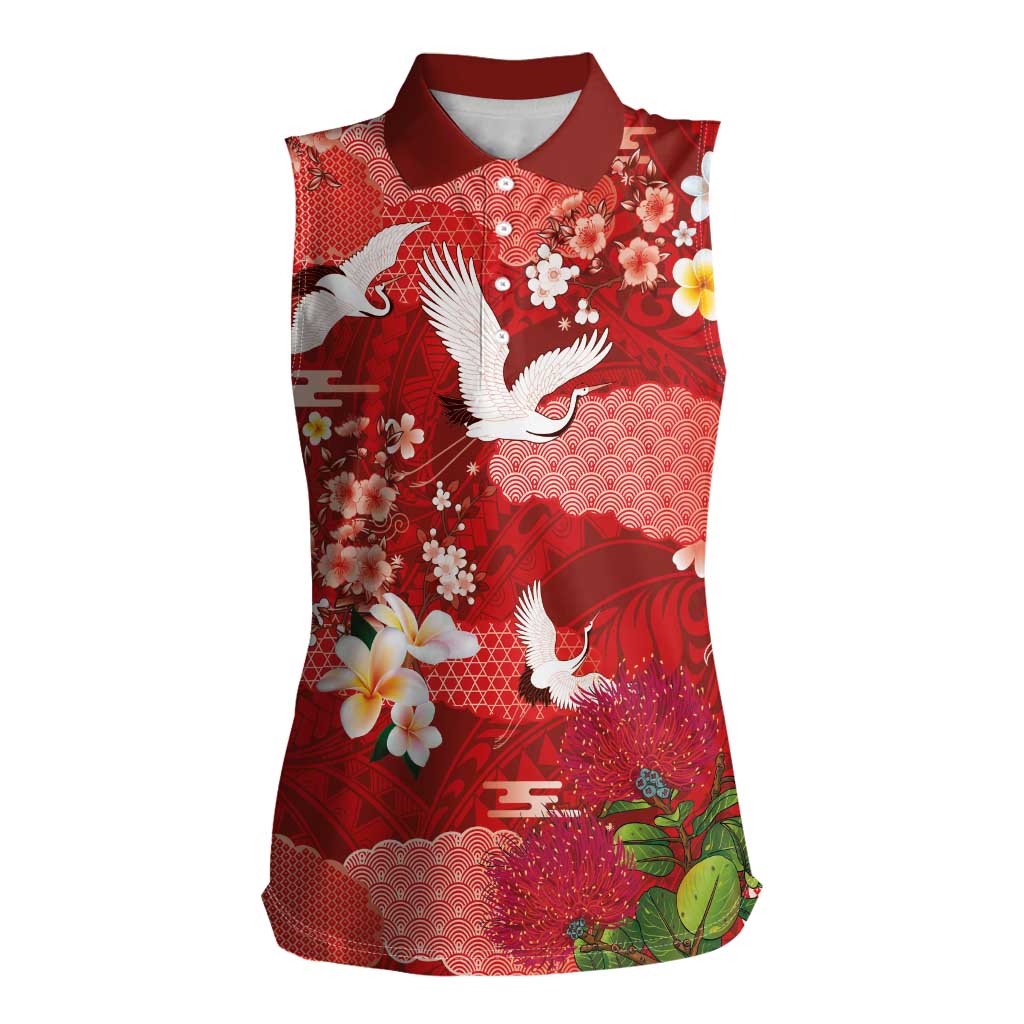 Hawaiian and Japanese Culture Together Women Sleeveless Polo Shirt Red Ohia Lehua Plumeria and Sakura Blooming - Polynesian Pride