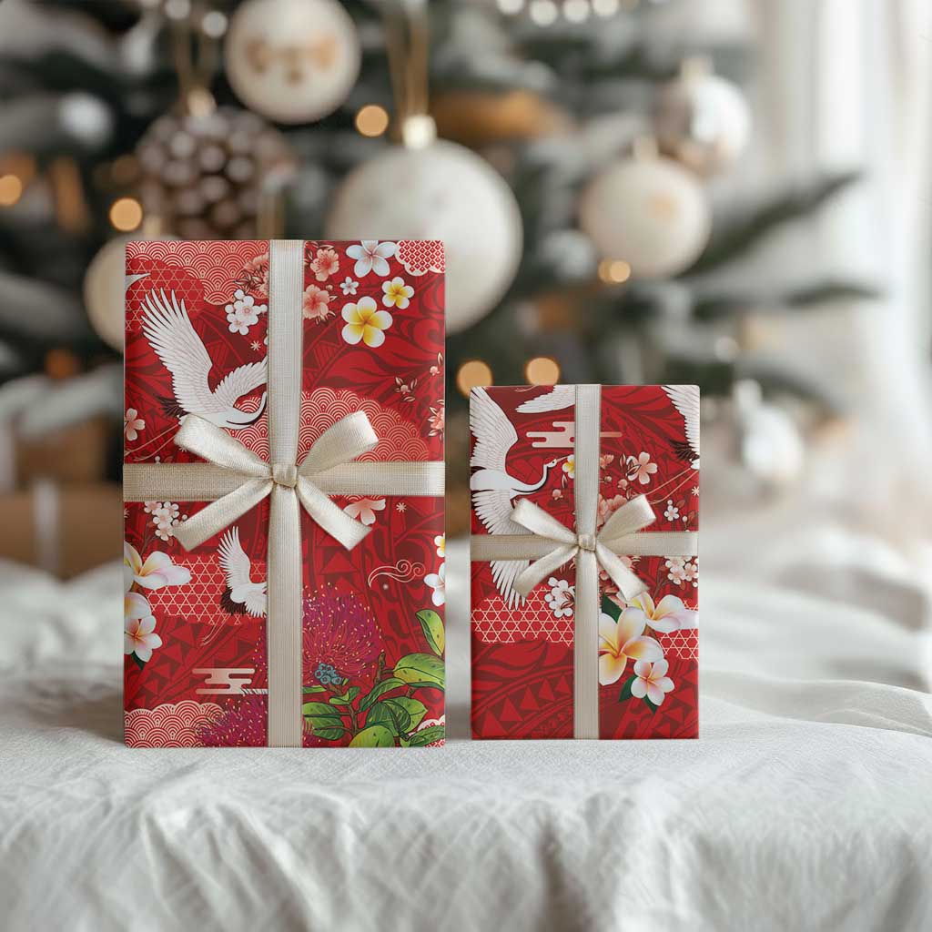 Hawaiian and Japanese Culture Together Wrapping Paper Red Ohia Lehua Plumeria and Sakura Blooming LT03 - Polynesian Pride