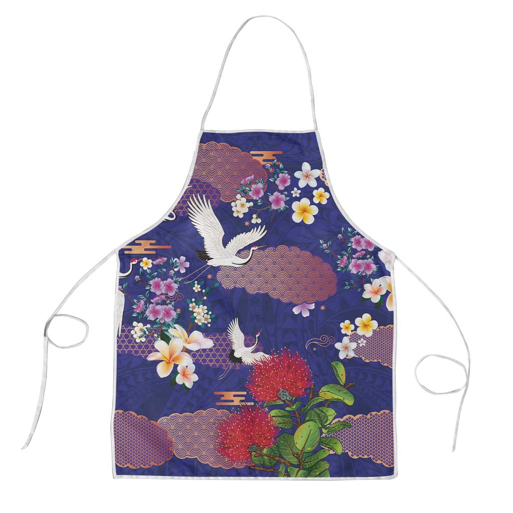 Hawaiian and Japanese Culture Together Apron Blue Ohia Lehua Plumeria and Sakura Blooming - Polynesian Pride