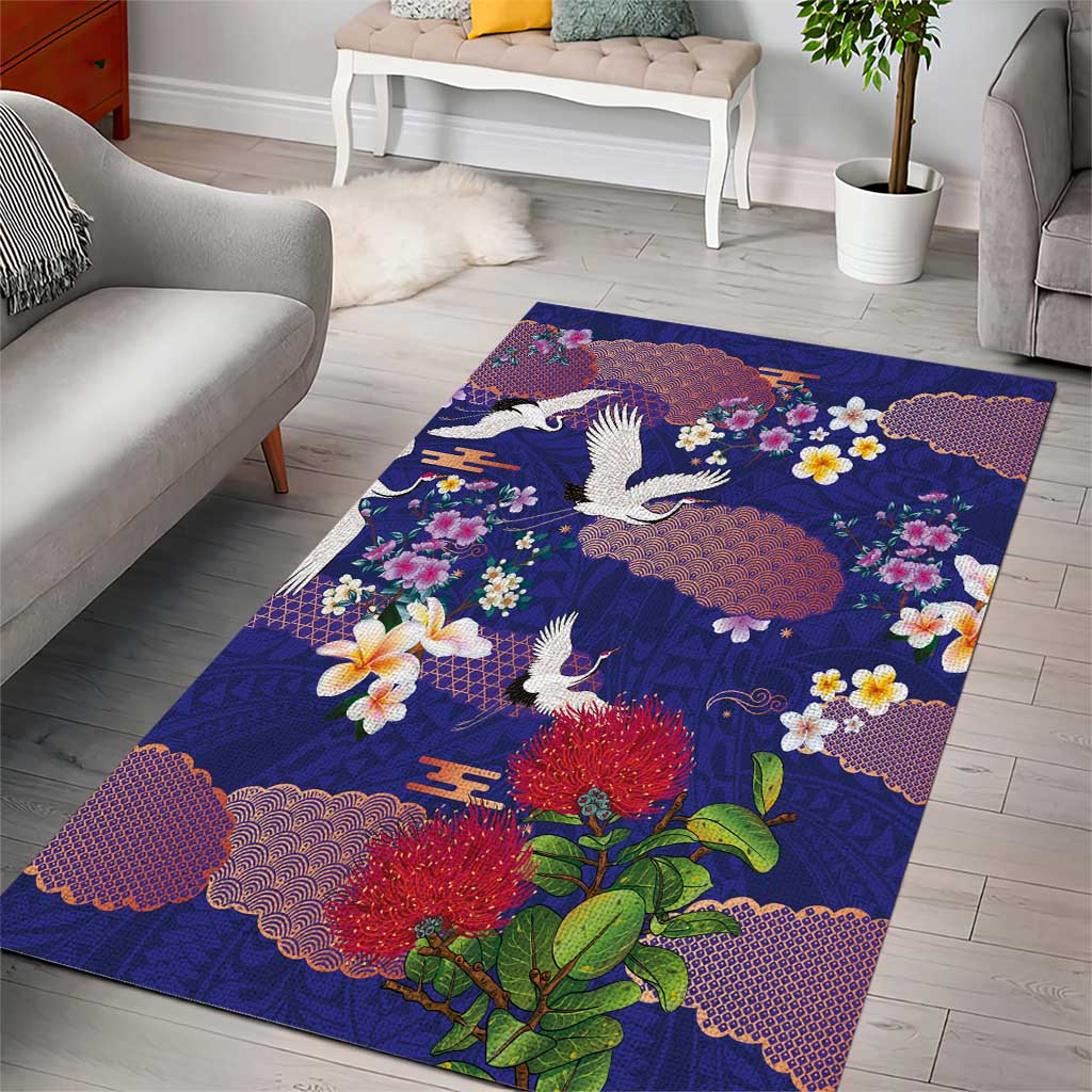 Hawaiian and Japanese Culture Together Area Rug Blue Ohia Lehua Plumeria and Sakura Blooming - Polynesian Pride