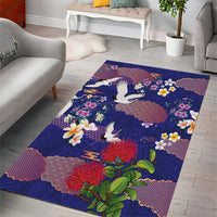 Hawaiian and Japanese Culture Together Area Rug Blue Ohia Lehua Plumeria and Sakura Blooming - Polynesian Pride