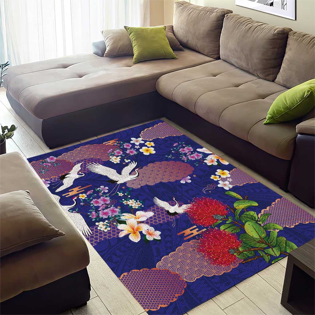 Hawaiian and Japanese Culture Together Area Rug Blue Ohia Lehua Plumeria and Sakura Blooming - Polynesian Pride
