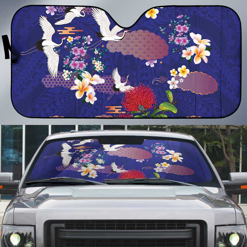 Hawaiian and Japanese Culture Together Auto Sun Shade Blue Ohia Lehua Plumeria and Sakura Blooming - Polynesian Pride