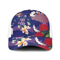 Hawaiian and Japanese Culture Together Baseball Net Cap Blue Ohia Lehua Plumeria and Sakura Blooming - Polynesian Pride