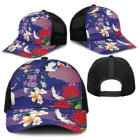 Hawaiian and Japanese Culture Together Baseball Net Cap Blue Ohia Lehua Plumeria and Sakura Blooming - Polynesian Pride
