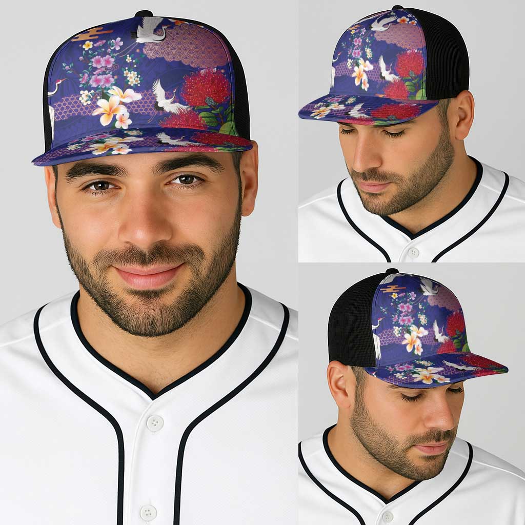 Hawaiian and Japanese Culture Together Baseball Net Cap Blue Ohia Lehua Plumeria and Sakura Blooming - Polynesian Pride