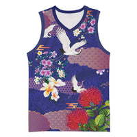 Hawaiian and Japanese Culture Together Basketball Jersey Blue Ohia Lehua Plumeria and Sakura Blooming - Polynesian Pride
