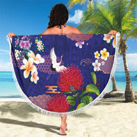 Hawaiian and Japanese Culture Together Beach Blanket Blue Ohia Lehua Plumeria and Sakura Blooming - Polynesian Pride
