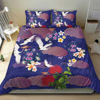 Hawaiian and Japanese Culture Together Bedding Set Blue Ohia Lehua Plumeria and Sakura Blooming - Polynesian Pride