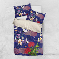 Hawaiian and Japanese Culture Together Bedding Set Blue Ohia Lehua Plumeria and Sakura Blooming - Polynesian Pride