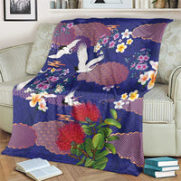 Hawaiian and Japanese Culture Together Blanket Blue Ohia Lehua Plumeria and Sakura Blooming - Polynesian Pride