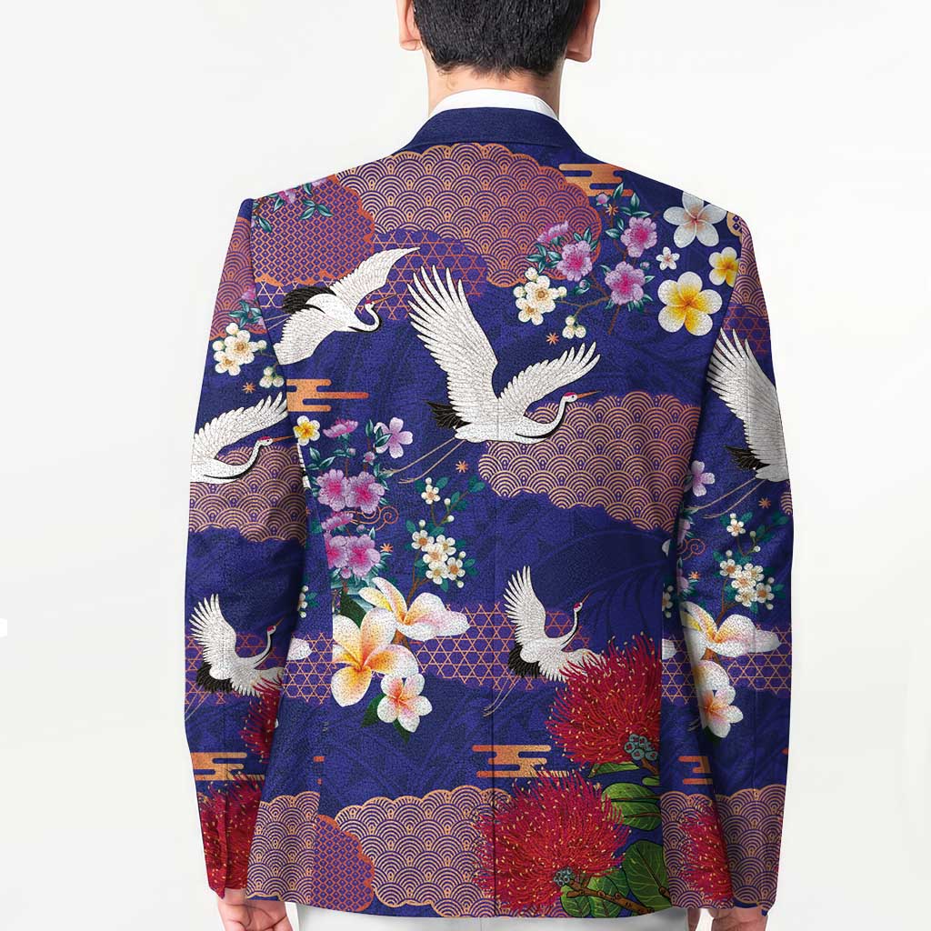Hawaiian and Japanese Culture Together Blazer Blue Ohia Lehua Plumeria and Sakura Blooming - Polynesian Pride