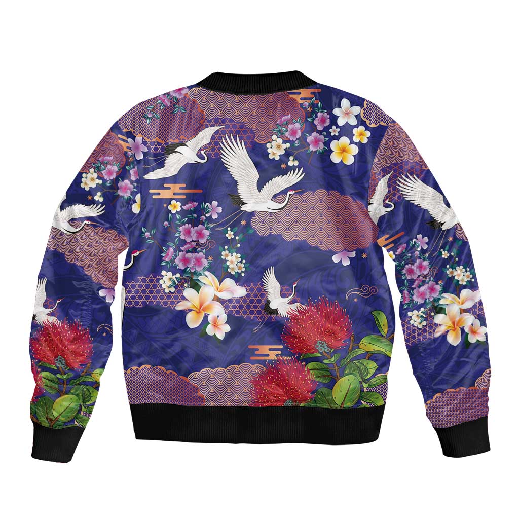 Hawaiian and Japanese Culture Together Bomber Jacket Blue Ohia Lehua Plumeria and Sakura Blooming - Polynesian Pride