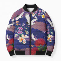 Hawaiian and Japanese Culture Together Bomber Puffer Jacket Blue Ohia Lehua Plumeria and Sakura Blooming - Polynesian Pride