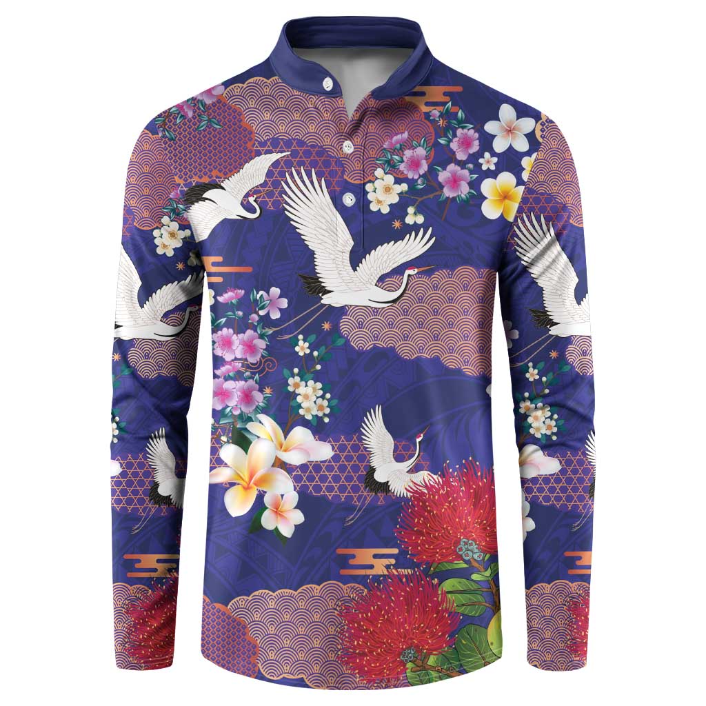 Hawaiian and Japanese Culture Together Button Sweatshirt Blue Ohia Lehua Plumeria and Sakura Blooming - Polynesian Pride