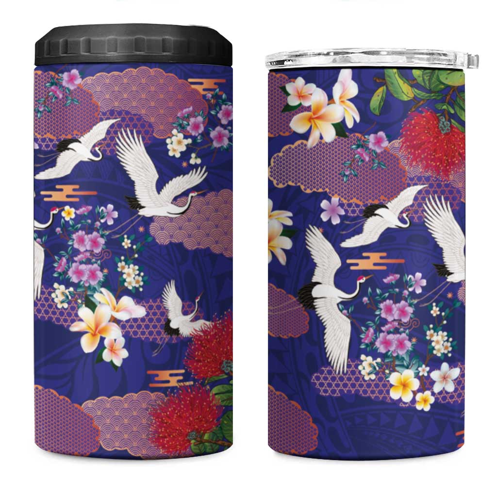 Hawaiian and Japanese Culture Together 4 in 1 Can Cooler Tumbler Blue Ohia Lehua Plumeria and Sakura Blooming - Polynesian Pride