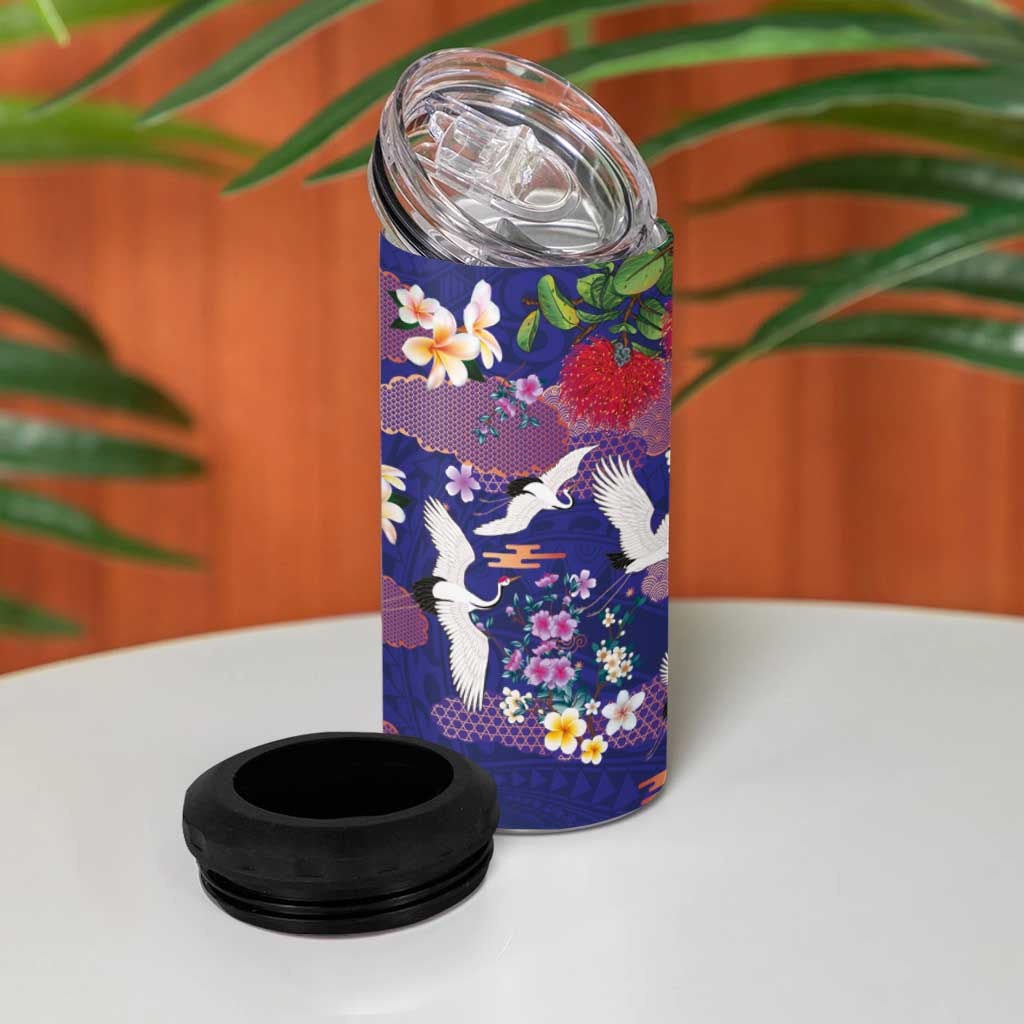 Hawaiian and Japanese Culture Together 4 in 1 Can Cooler Tumbler Blue Ohia Lehua Plumeria and Sakura Blooming - Polynesian Pride