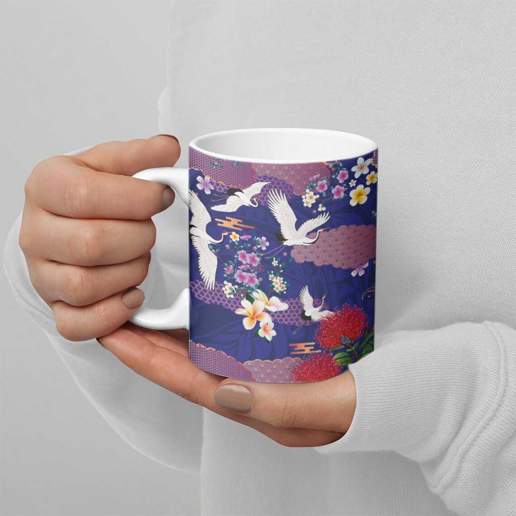 Hawaiian and Japanese Culture Together Ceramic Mug Blue Ohia Lehua Plumeria and Sakura Blooming - Polynesian Pride