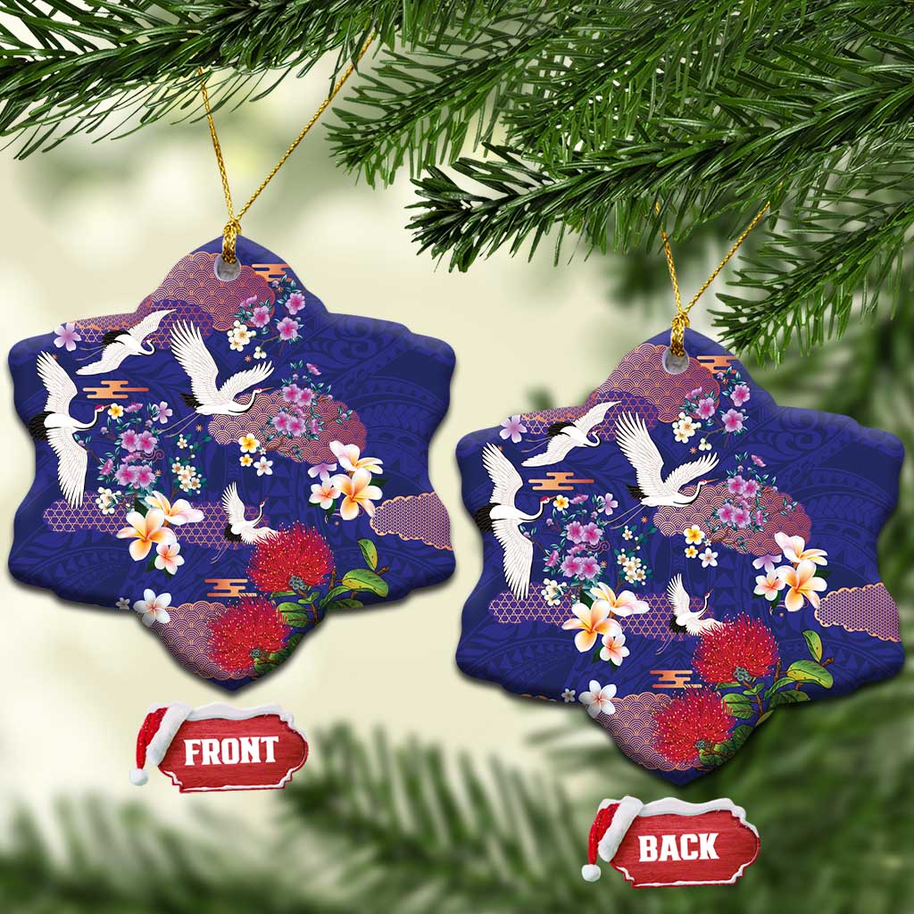 Hawaiian and Japanese Culture Together Ceramic Ornament Blue Ohia Lehua Plumeria and Sakura Blooming - Polynesian Pride