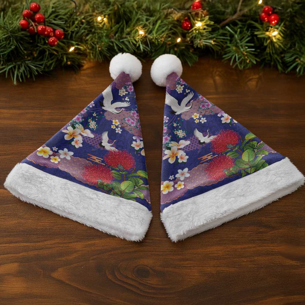 Hawaiian and Japanese Culture Together Christmas Santa Hat Blue Ohia Lehua Plumeria and Sakura Blooming LT03 - Polynesian Pride