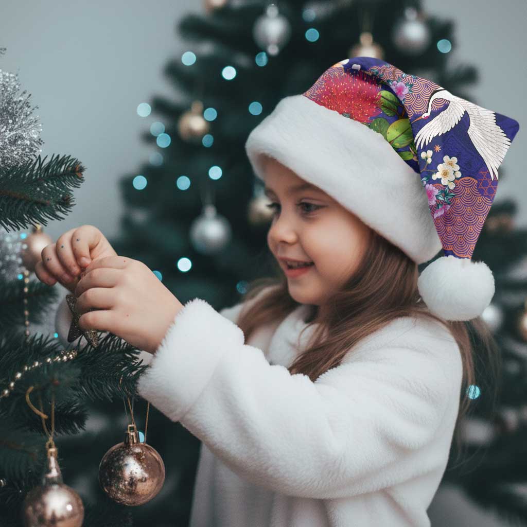 Hawaiian and Japanese Culture Together Christmas Santa Hat Blue Ohia Lehua Plumeria and Sakura Blooming LT03 - Polynesian Pride