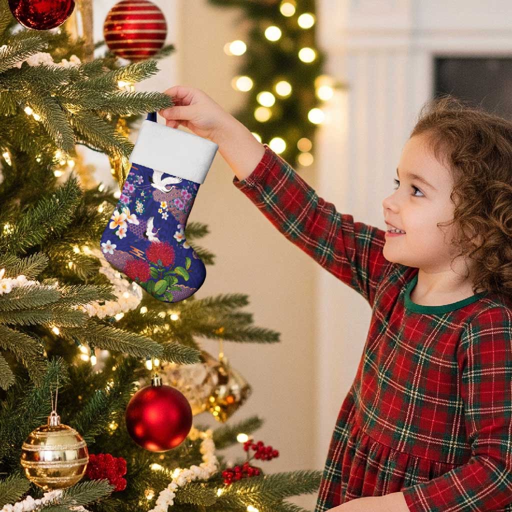 Hawaiian and Japanese Culture Together Christmas Stocking Blue Ohia Lehua Plumeria and Sakura Blooming - Polynesian Pride