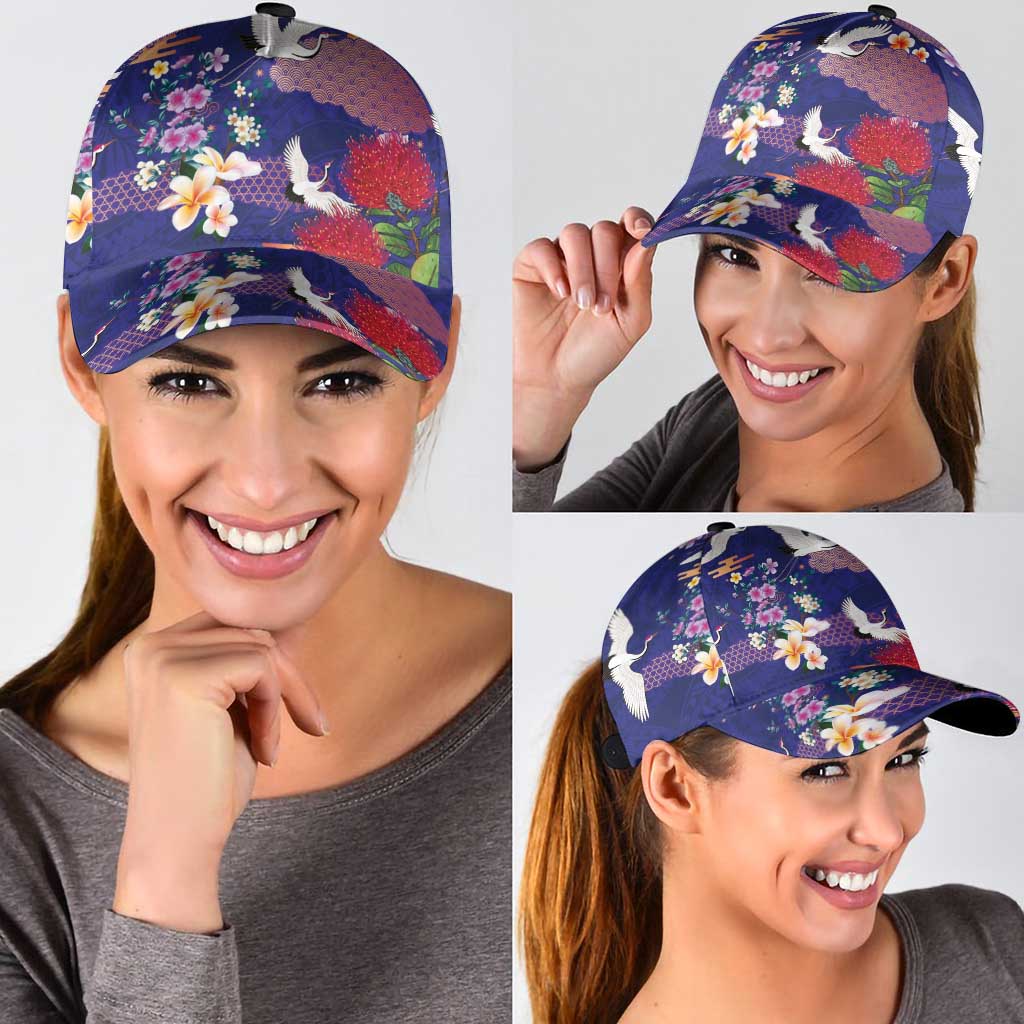 Hawaiian and Japanese Culture Together Classic Cap Blue Ohia Lehua Plumeria and Sakura Blooming - Polynesian Pride