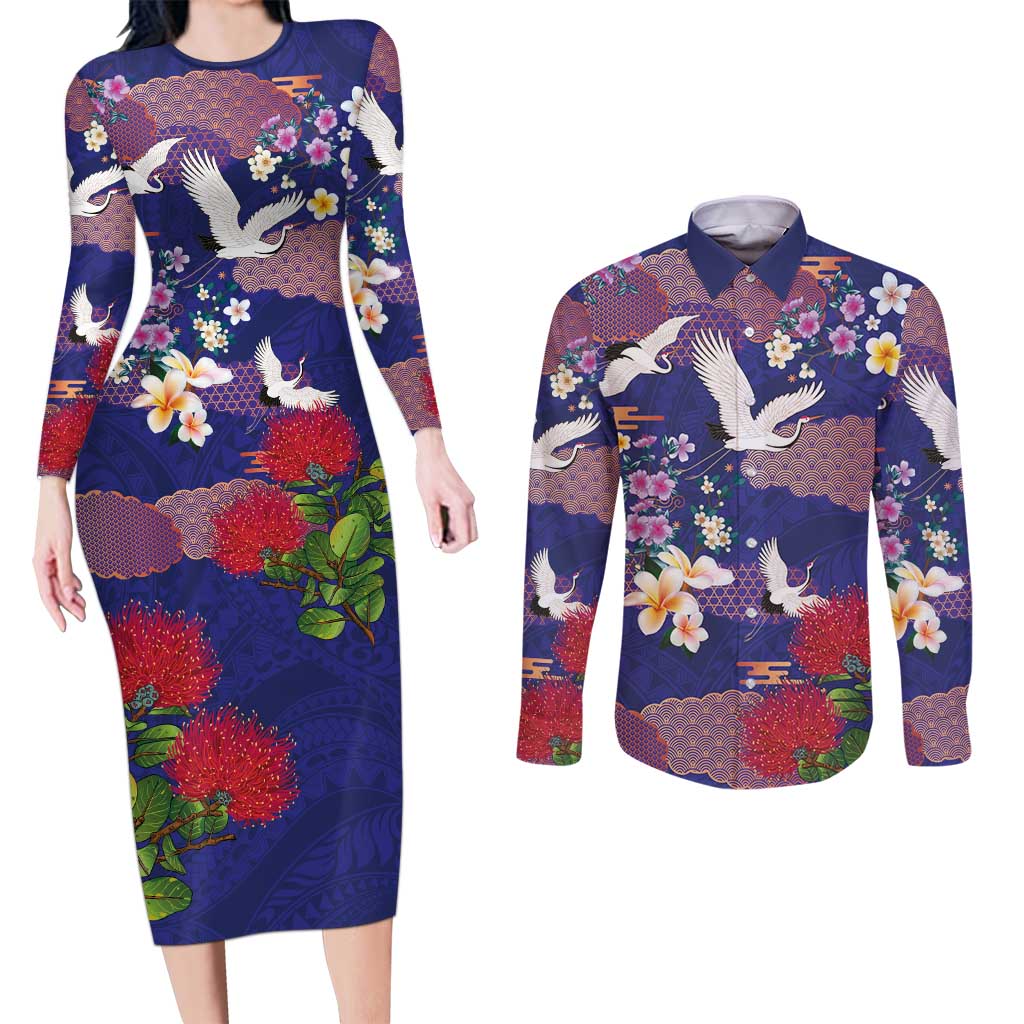 Hawaiian and Japanese Culture Together Couples Matching Long Sleeve Bodycon Dress and Long Sleeve Button Shirt Blue Ohia Lehua Plumeria and Sakura Blooming - Polynesian Pride