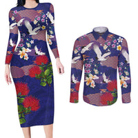 Hawaiian and Japanese Culture Together Couples Matching Long Sleeve Bodycon Dress and Long Sleeve Button Shirt Blue Ohia Lehua Plumeria and Sakura Blooming - Polynesian Pride