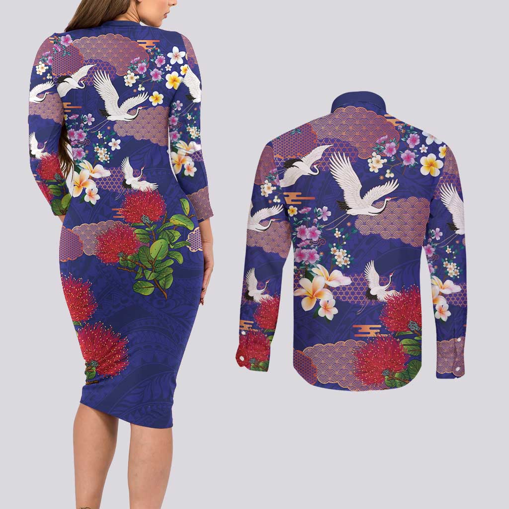 Hawaiian and Japanese Culture Together Couples Matching Long Sleeve Bodycon Dress and Long Sleeve Button Shirt Blue Ohia Lehua Plumeria and Sakura Blooming - Polynesian Pride