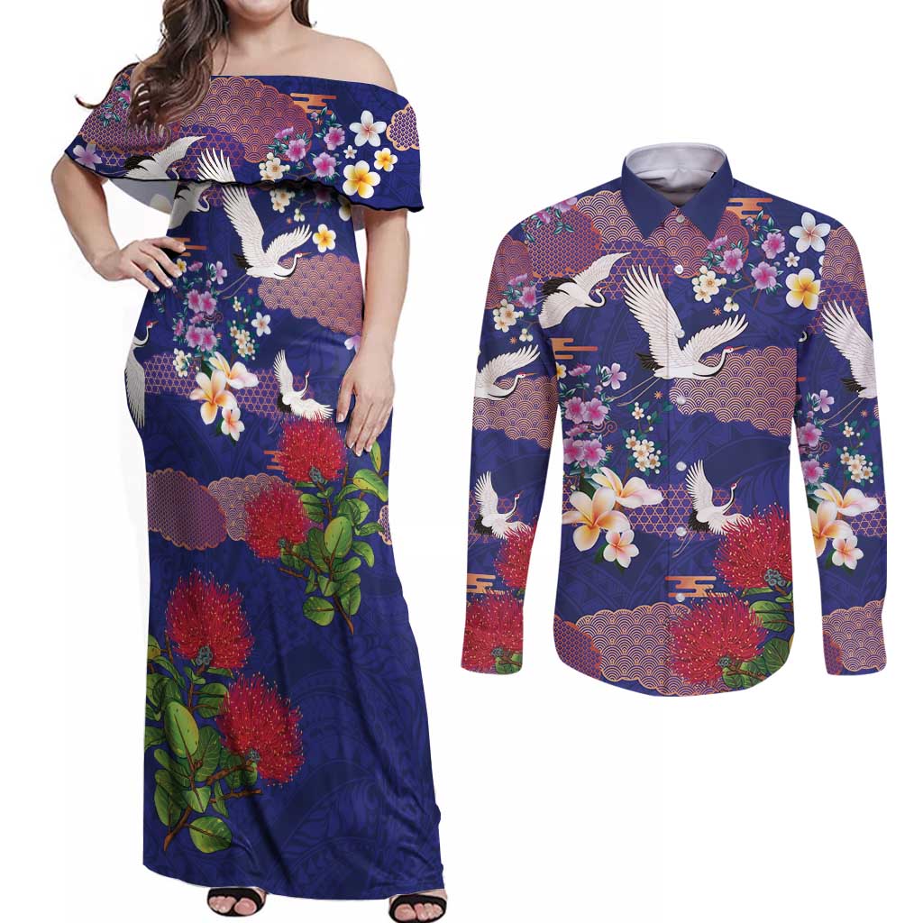Hawaiian and Japanese Culture Together Couples Matching Off Shoulder Maxi Dress and Long Sleeve Button Shirt Blue Ohia Lehua Plumeria and Sakura Blooming - Polynesian Pride