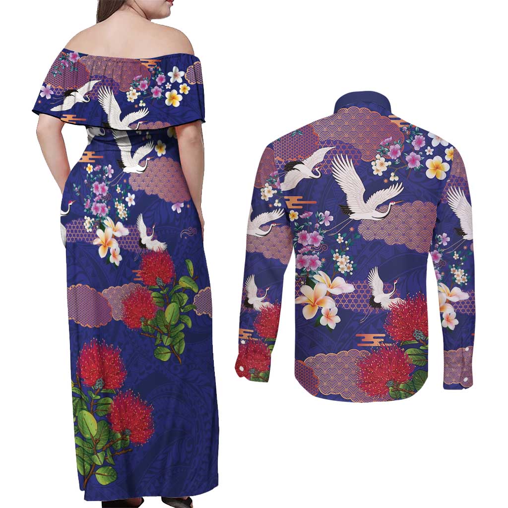 Hawaiian and Japanese Culture Together Couples Matching Off Shoulder Maxi Dress and Long Sleeve Button Shirt Blue Ohia Lehua Plumeria and Sakura Blooming - Polynesian Pride