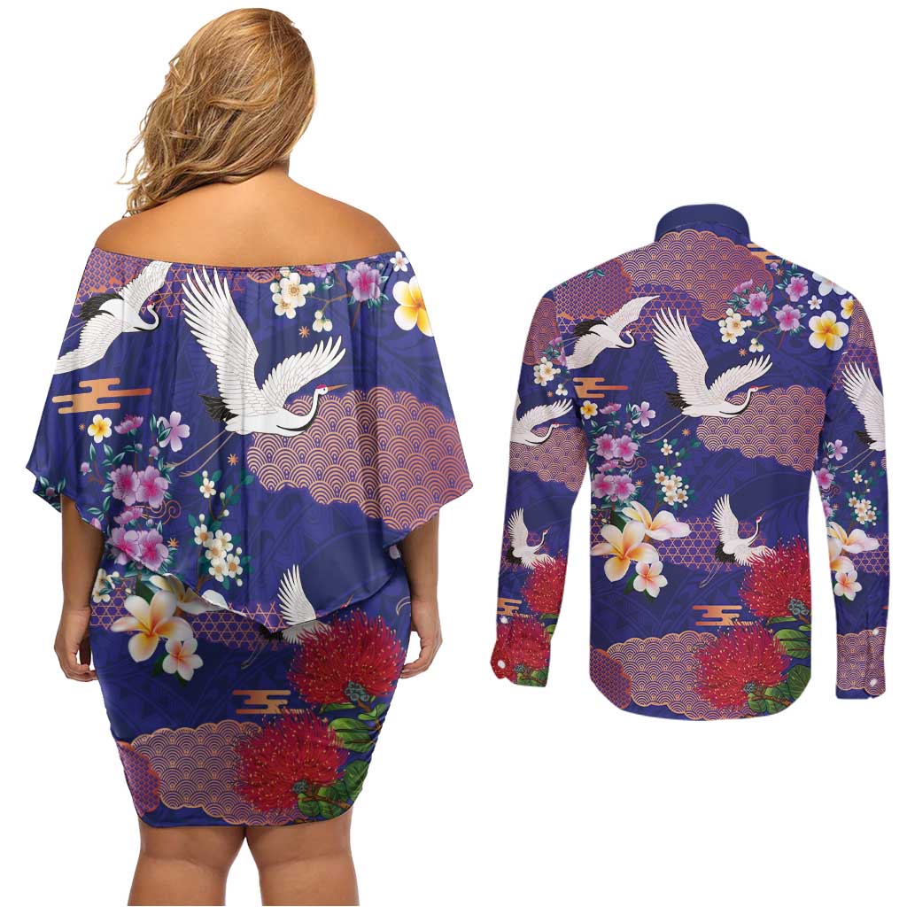 Hawaiian and Japanese Culture Together Couples Matching Off Shoulder Short Dress and Long Sleeve Button Shirt Blue Ohia Lehua Plumeria and Sakura Blooming - Polynesian Pride