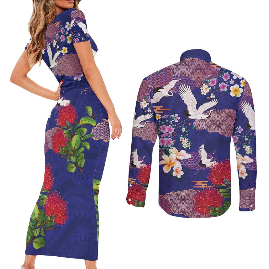 Hawaiian and Japanese Culture Together Couples Matching Short Sleeve Bodycon Dress and Long Sleeve Button Shirt Blue Ohia Lehua Plumeria and Sakura Blooming - Polynesian Pride